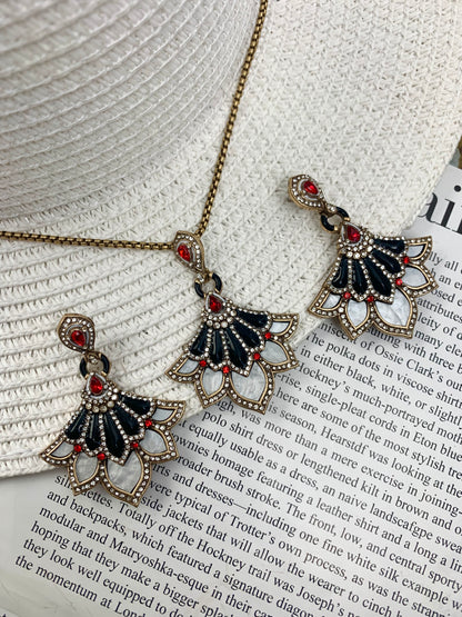 Vintage Black Enamel Jewelry Set with Red Gemstone Dancer Pendant