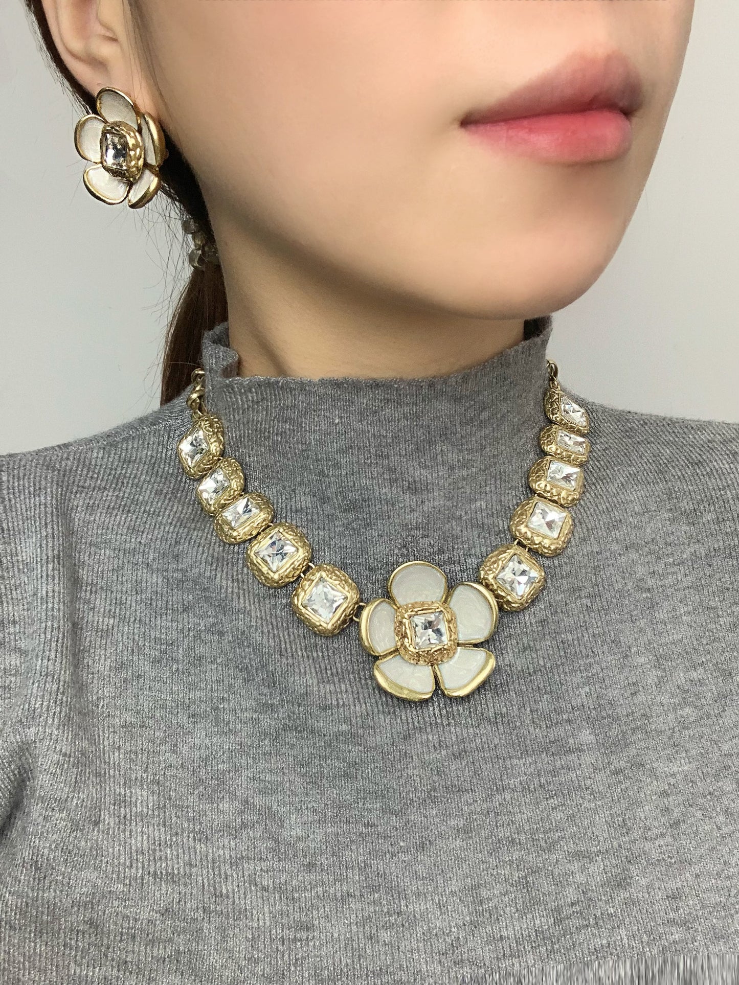 Vintage Crystal & Enamel Floral Jewelry Set - Heavy Duty Necklace & Earrings