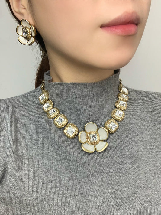 Vintage Crystal & Enamel Floral Jewelry Set - Heavy Duty Necklace & Earrings