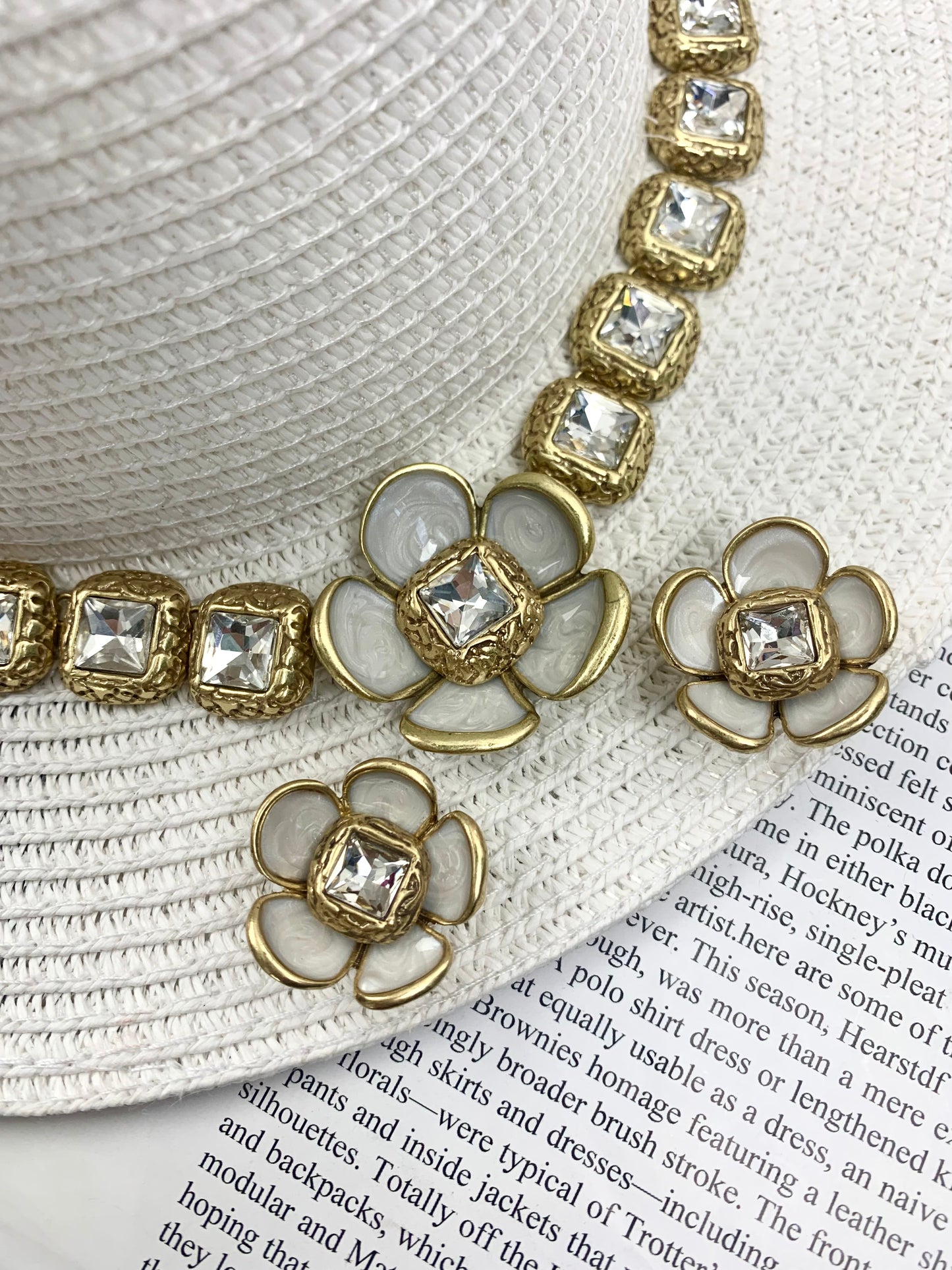 Vintage Crystal & Enamel Floral Jewelry Set - Heavy Duty Necklace & Earrings