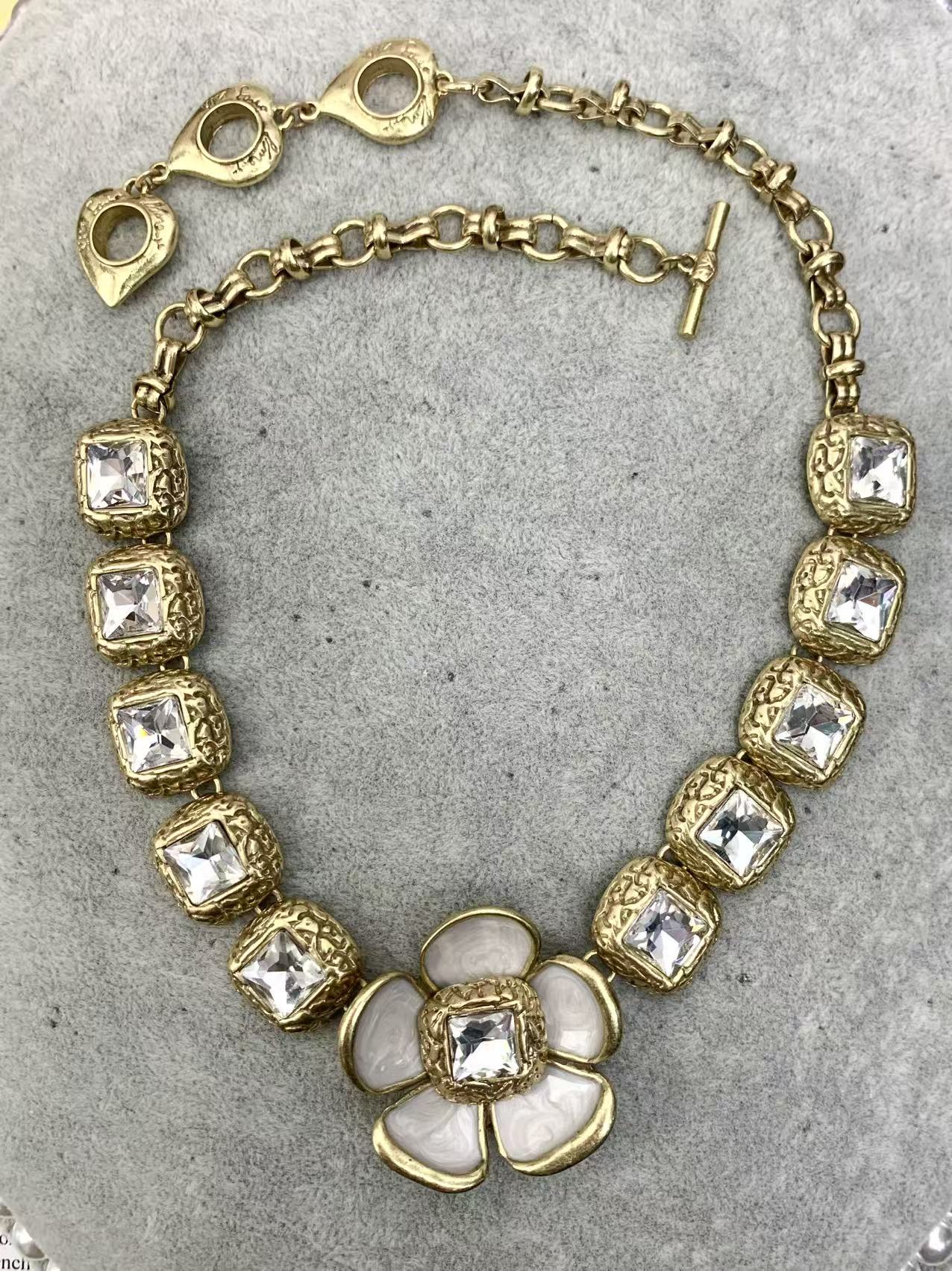 Vintage Crystal & Enamel Floral Jewelry Set - Heavy Duty Necklace & Earrings