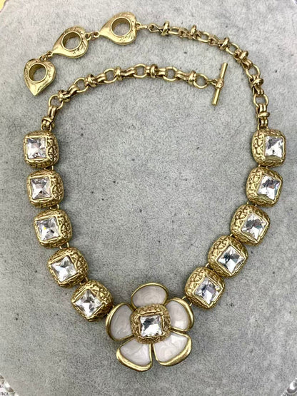 Vintage Crystal & Enamel Floral Jewelry Set - Heavy Duty Necklace & Earrings