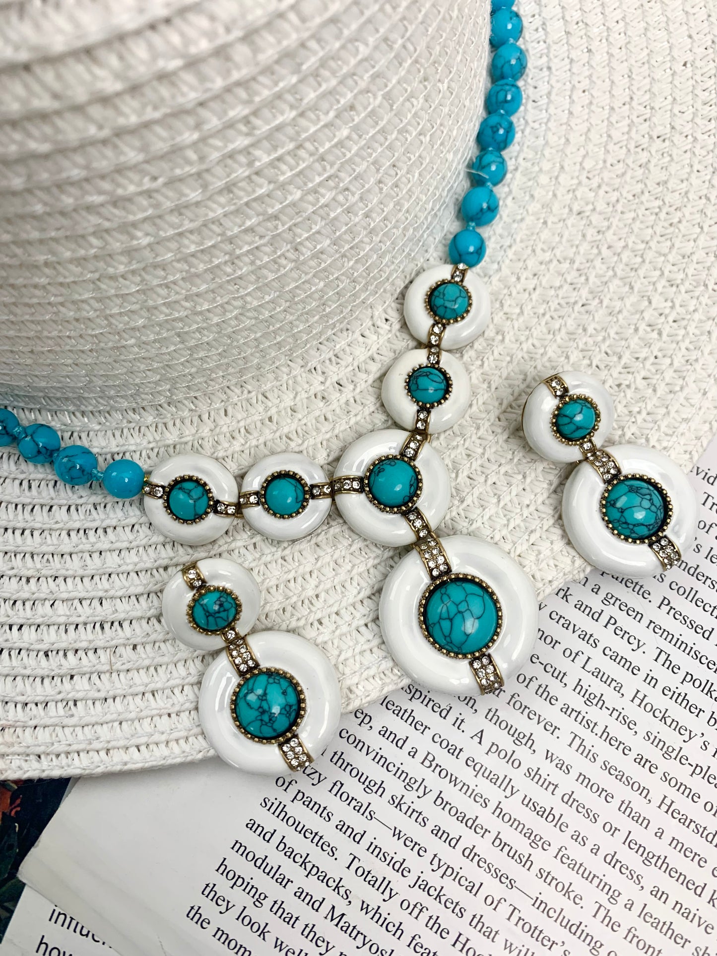 Vintage Cream-Toned Circular Pendant Necklace & Earrings Set with Turquoise Inlay