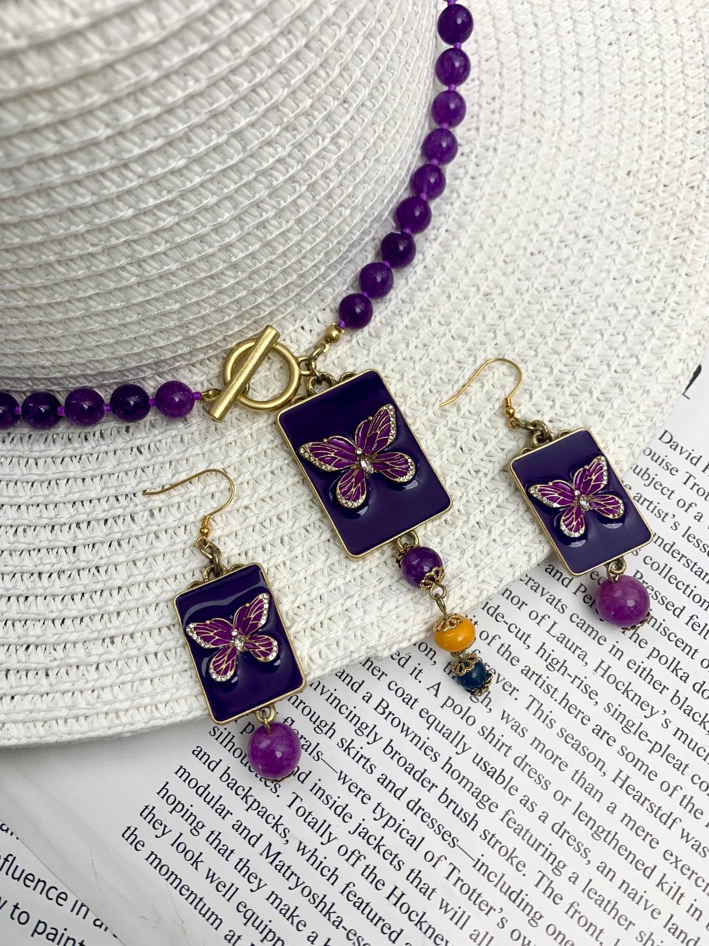 Vintage Amethyst & Enamel Butterfly Jewelry Set: Necklace & Earrings