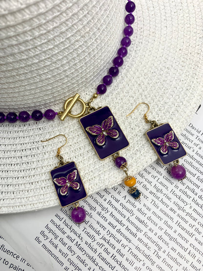 Vintage Amethyst & Enamel Butterfly Jewelry Set: Necklace & Earrings