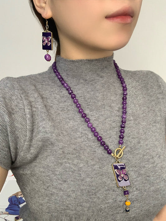 Vintage Amethyst & Enamel Butterfly Jewelry Set: Necklace & Earrings