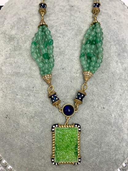 Royal-Inspired Necklace: Green Glass Beads with Enamel Pendant