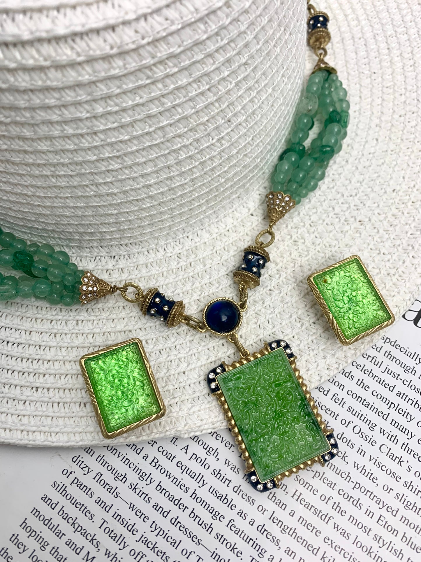 Royal-Inspired Necklace: Green Glass Beads with Enamel Pendant