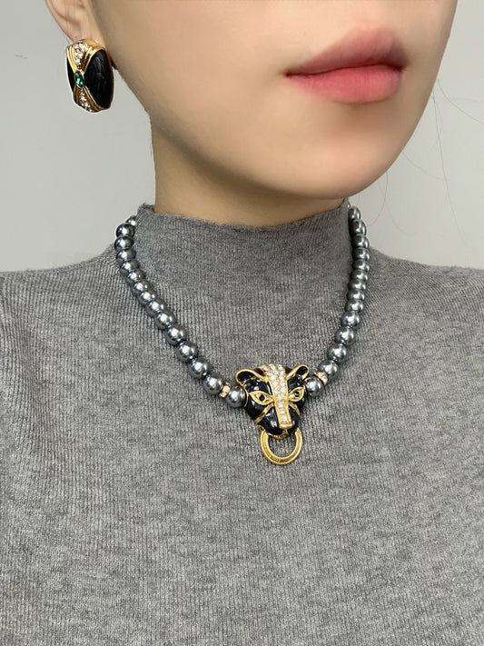 Vintage Panther Jewelry Set: Black & Gold Panther Head with Smoky Glass Beads