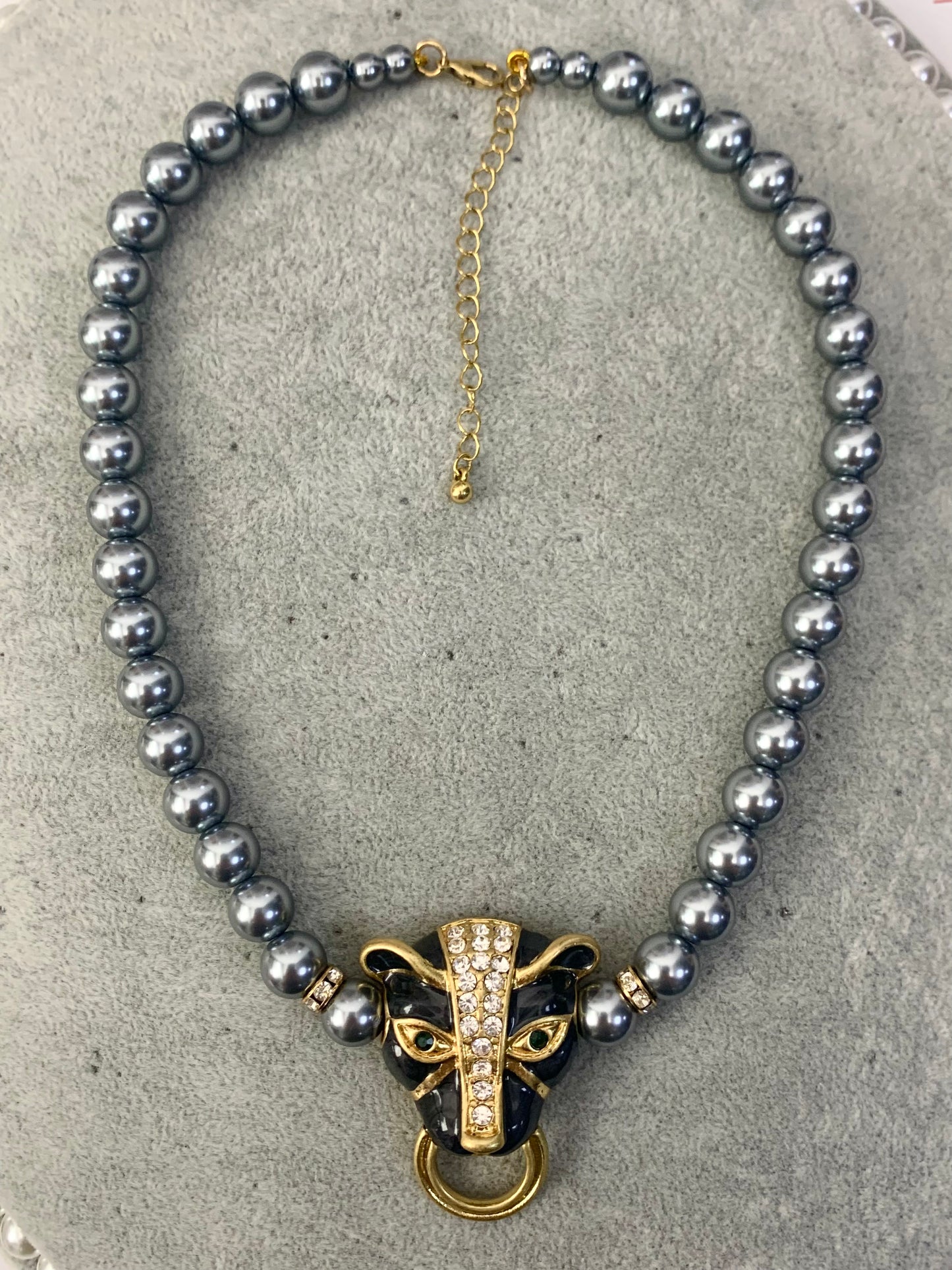 Vintage Panther Jewelry Set: Black & Gold Panther Head with Smoky Glass Beads