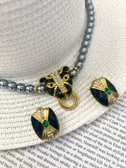 Vintage Panther Jewelry Set: Black & Gold Panther Head with Smoky Glass Beads