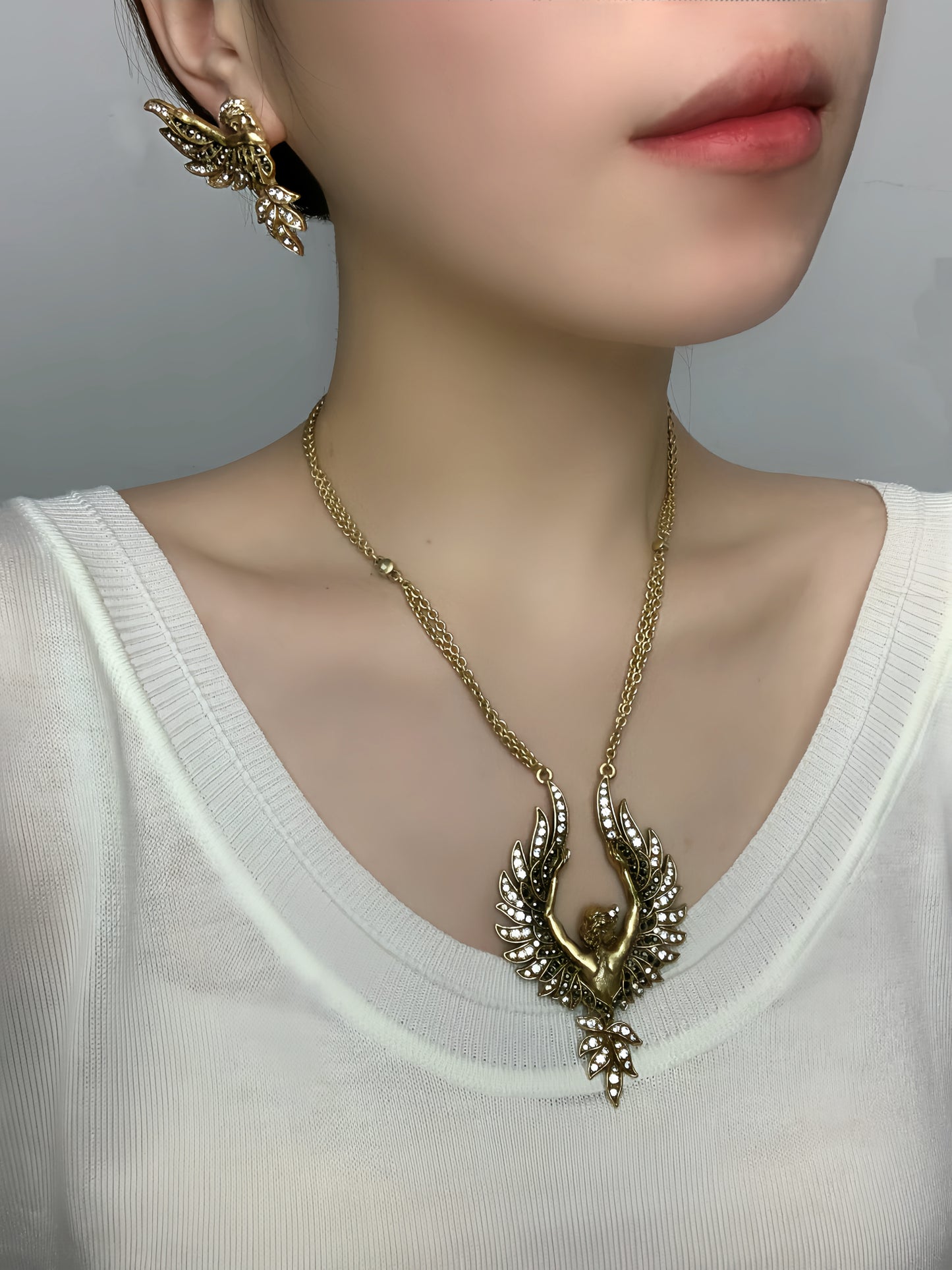 Vintage Gold-Plated Brass Full Paved Czech Rhinestone Angel Wings Earrings & Necklace Set