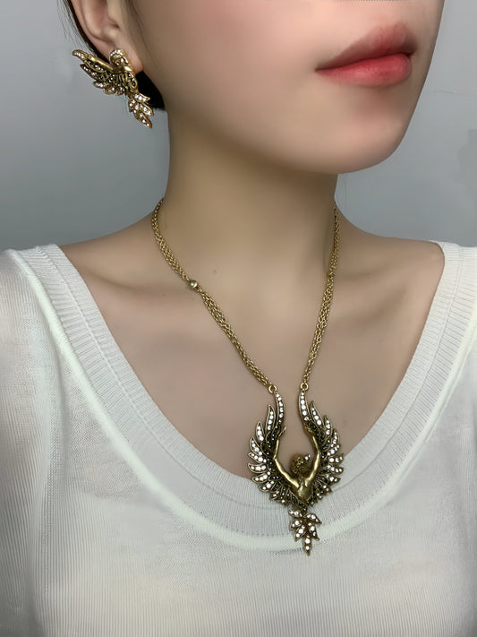 Vintage Gold-Plated Brass Full Paved Czech Rhinestone Angel Wings Earrings & Necklace Set
