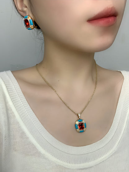 Vintage Glam Square-Cut Ruby Red Pendant Necklace & Earrings Set in Heavy Gold-Plated Finish