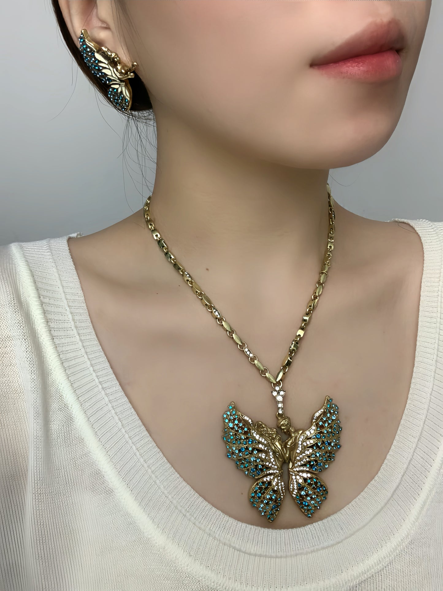 Vintage Heavy Craft Gold-Plated Brass Butterfly Fairy Angel’s Kiss Earrings & Necklace Set