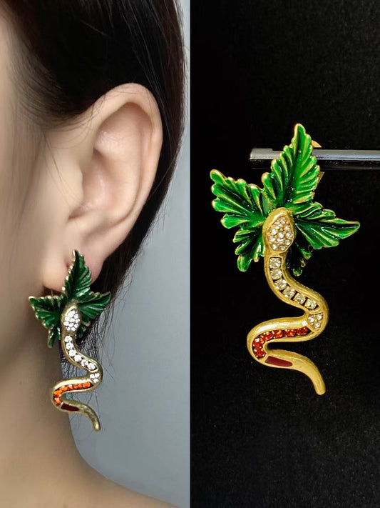 Artisan Brass Serpent Earrings: Vintage Statement Piece with Micro-Pave Crystal Detailing