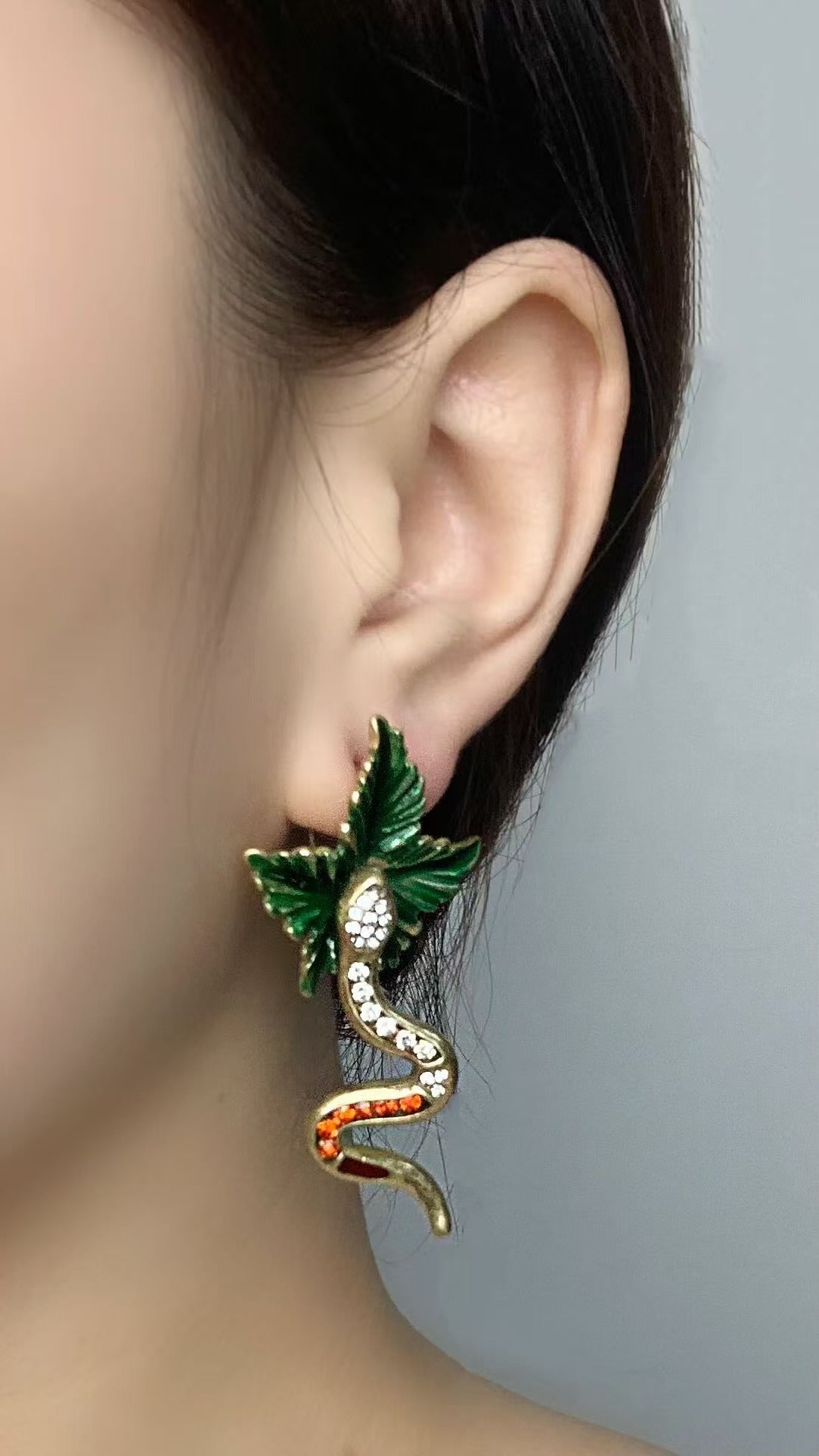 Artisan Brass Serpent Earrings: Vintage Statement Piece with Micro-Pave Crystal Detailing