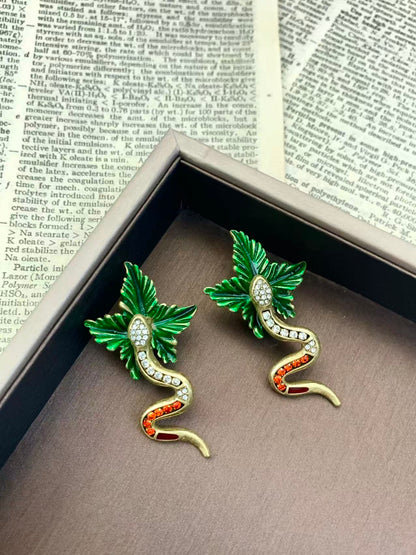 Artisan Brass Serpent Earrings: Vintage Statement Piece with Micro-Pave Crystal Detailing