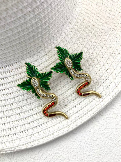 Artisan Brass Serpent Earrings: Vintage Statement Piece with Micro-Pave Crystal Detailing
