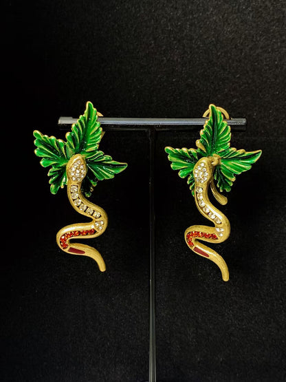Artisan Brass Serpent Earrings: Vintage Statement Piece with Micro-Pave Crystal Detailing