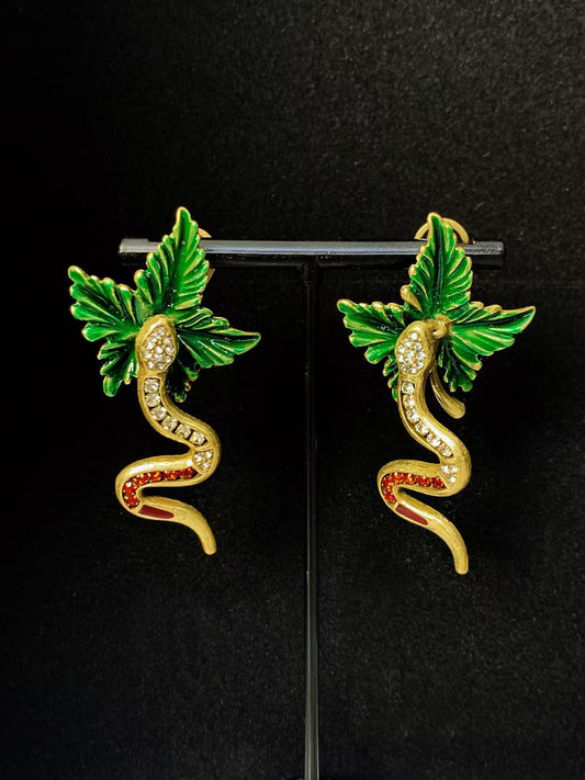 Artisan Brass Serpent Earrings: Vintage Statement Piece with Micro-Pave Crystal Detailing