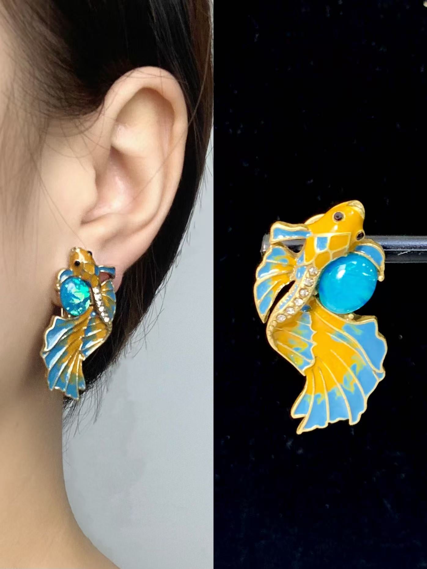 Artisan Dragon Fish Earrings: Vintage Enamel Drip-Glaze Design with Statement Elegance