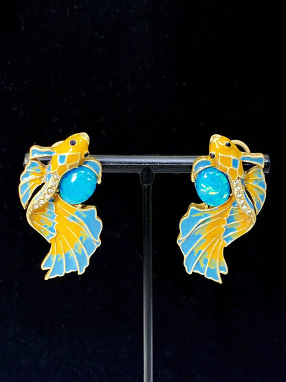 Artisan Dragon Fish Earrings: Vintage Enamel Drip-Glaze Design with Statement Elegance