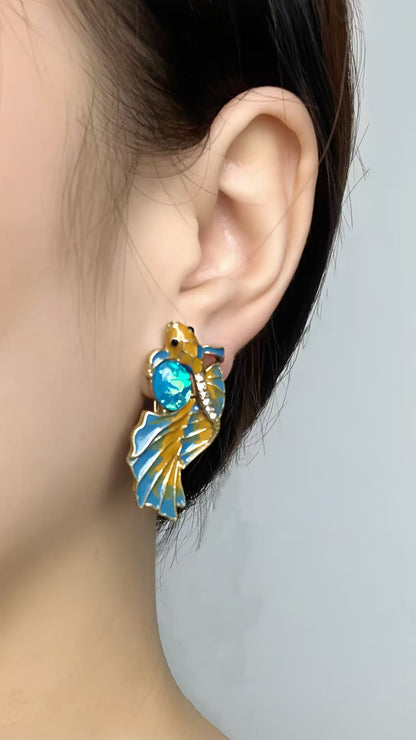 Artisan Dragon Fish Earrings: Vintage Enamel Drip-Glaze Design with Statement Elegance