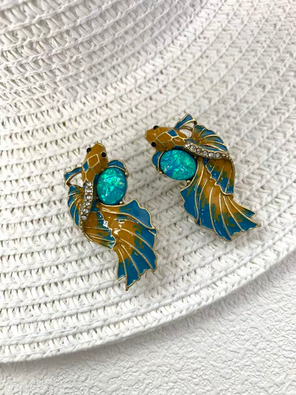 Artisan Dragon Fish Earrings: Vintage Enamel Drip-Glaze Design with Statement Elegance