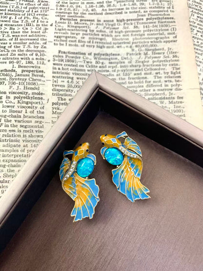 Artisan Dragon Fish Earrings: Vintage Enamel Drip-Glaze Design with Statement Elegance