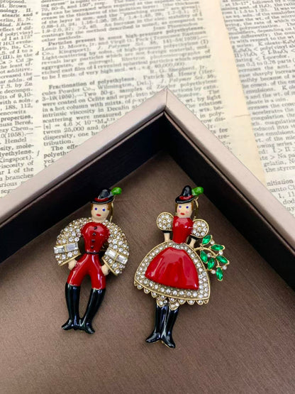 Artisan Figural Earrings: Vintage-Inspired Red Enamel & Gold-Plated Design