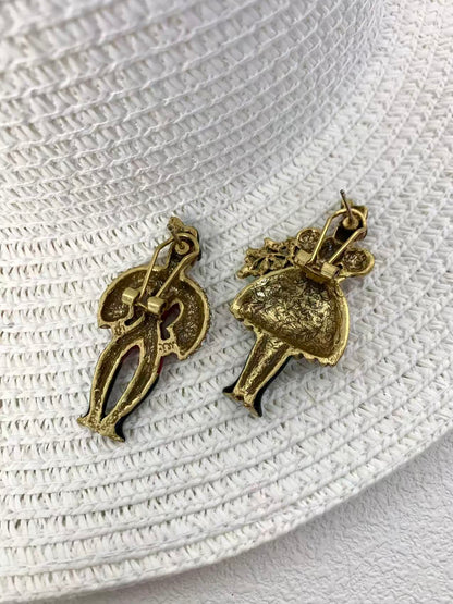 Artisan Figural Earrings: Vintage-Inspired Red Enamel & Gold-Plated Design