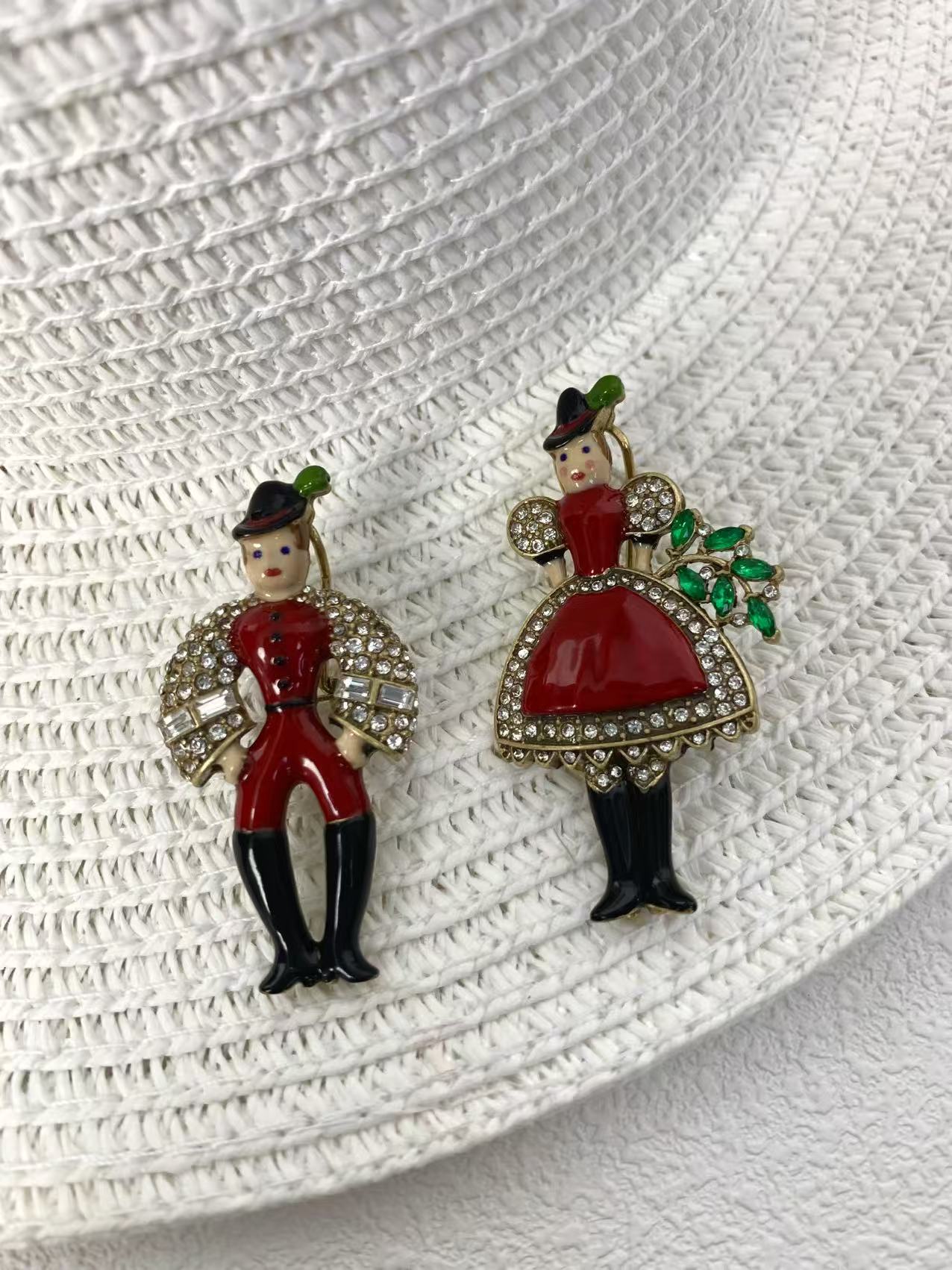Artisan Figural Earrings: Vintage-Inspired Red Enamel & Gold-Plated Design