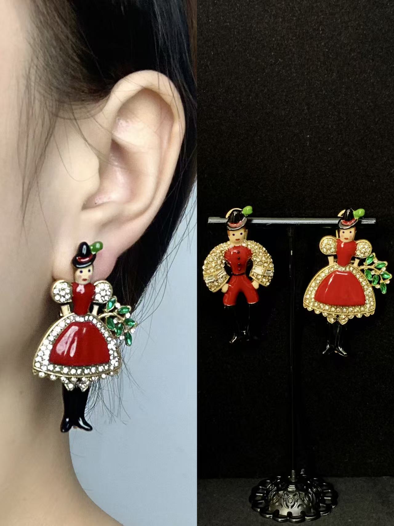 Artisan Figural Earrings: Vintage-Inspired Red Enamel & Gold-Plated Design