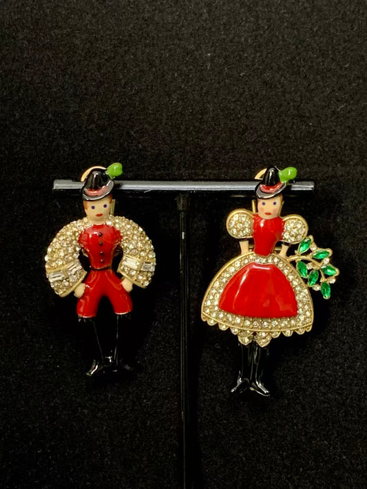 Artisan Figural Earrings: Vintage-Inspired Red Enamel & Gold-Plated Design