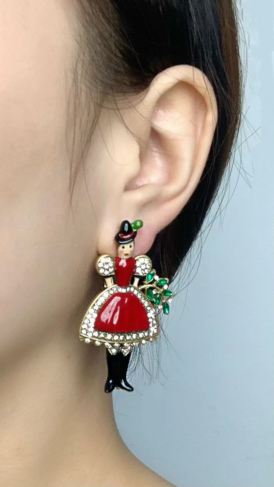 Artisan Figural Earrings: Vintage-Inspired Red Enamel & Gold-Plated Design