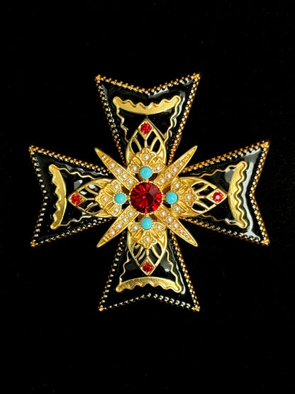 Vintage Gothic Heavy Duty Gold Plated Copper Cross Brooch with Black Enamel - Bold Black & Gold Statement Pin