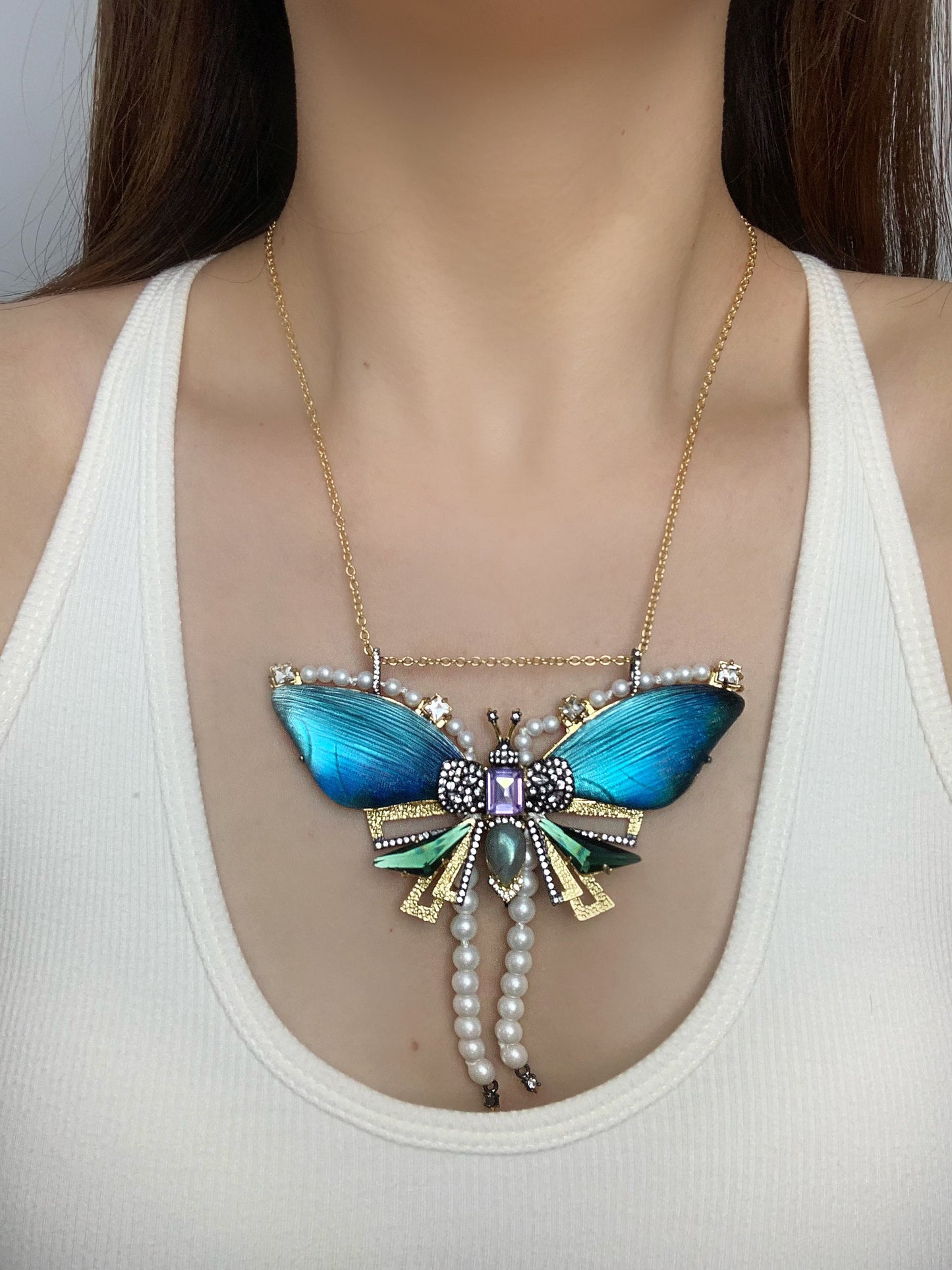 Vintage Niche Design Gold-Plated Copper Blue Butterfly & Pearl Tassel Necklace