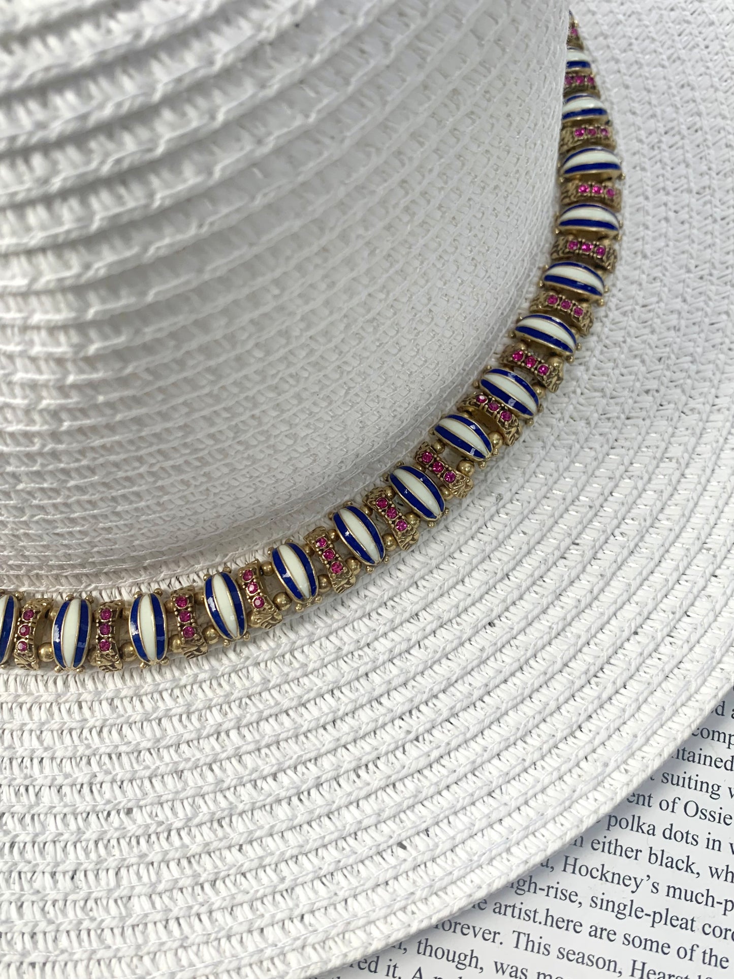 Vintage Heavy Craft Brass 18K Gold-Plated Necklace with Blue & White Enamel and Red Rhinestones