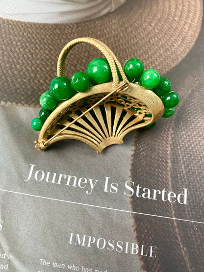 Vintage Baroque Grape Basket Brooch – Gold-Plated Brass with Natural Amethyst