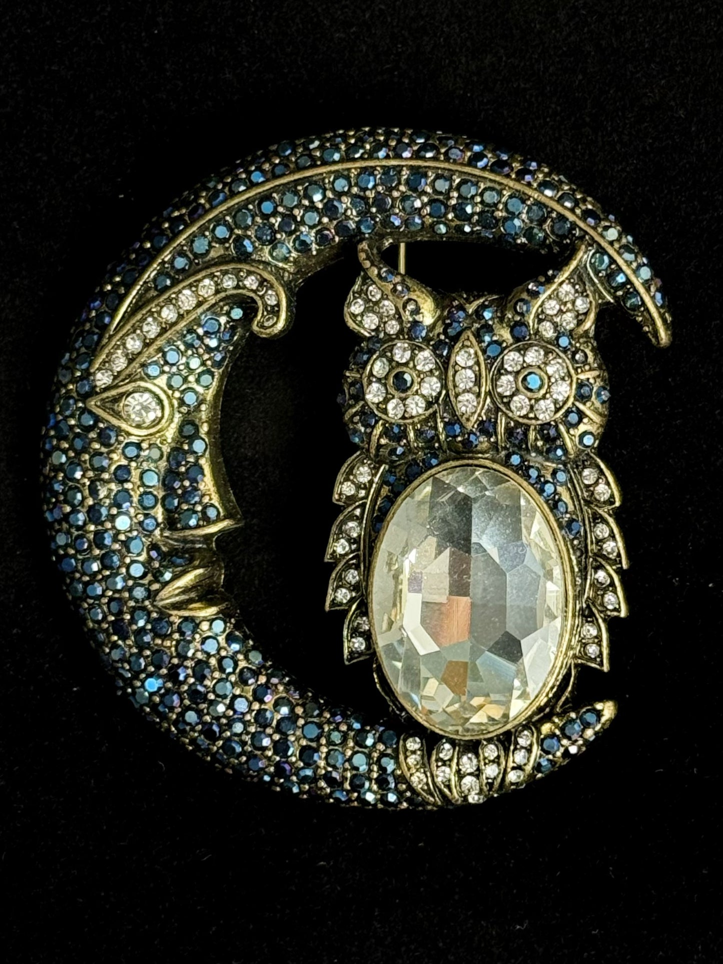 Vintage Heavy Duty Gold Plated Copper Moon & Owl Brooch - Intricately Set with Blue Zirconia, Mystical Animal Jewelry