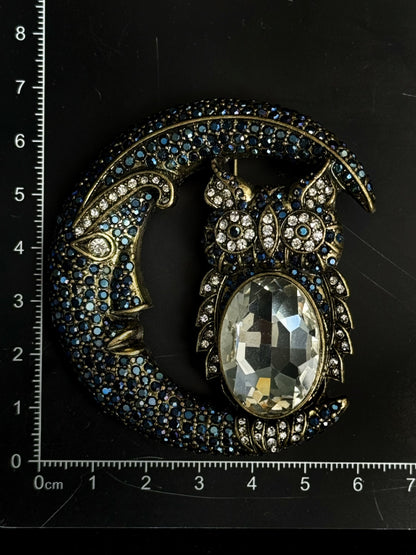 Vintage Heavy Duty Gold Plated Copper Moon & Owl Brooch - Intricately Set with Blue Zirconia, Mystical Animal Jewelry