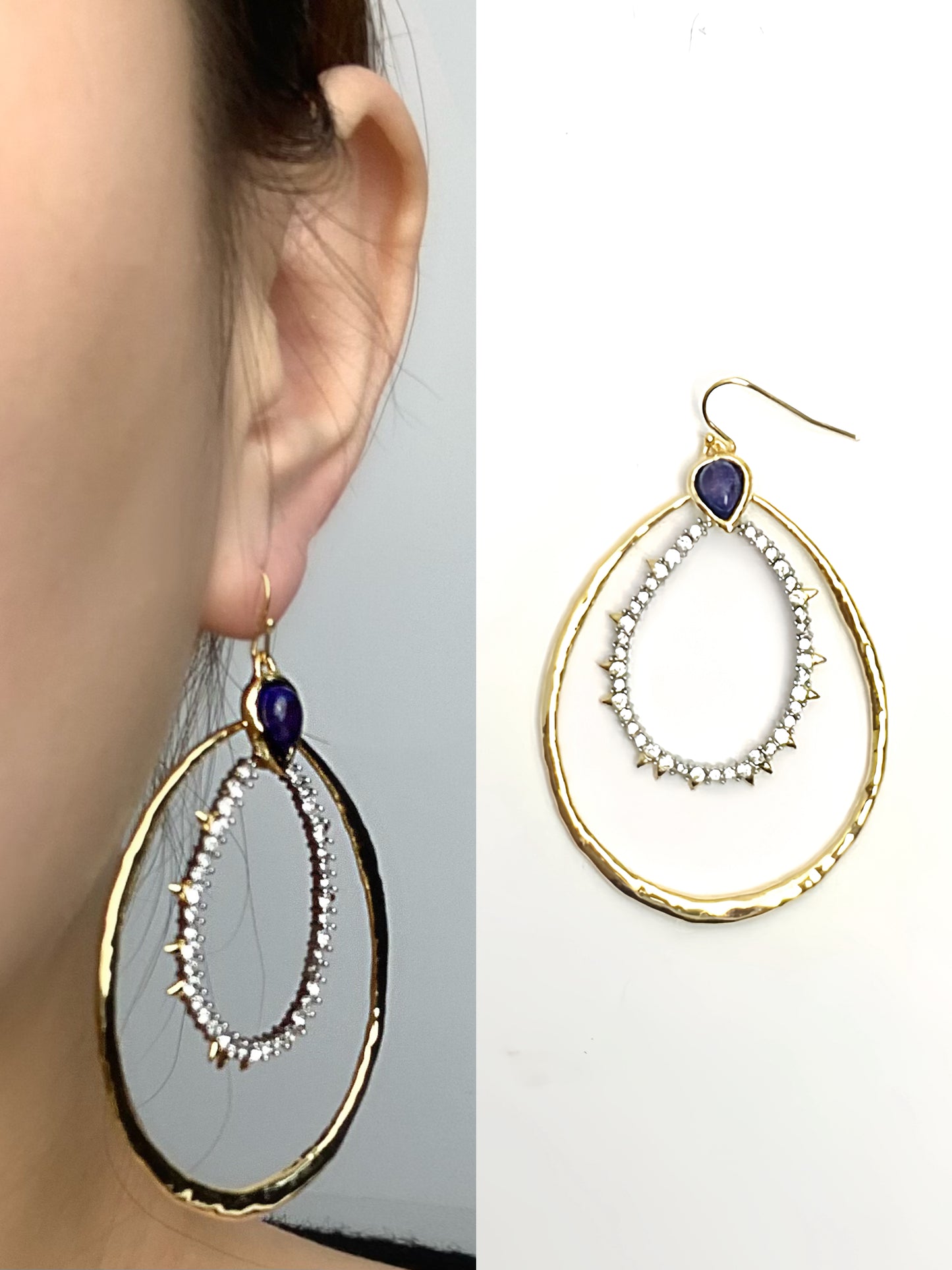 Avant-Garde Lapis Lazuli Double Hoop Earrings - Minimalist Luxury Design