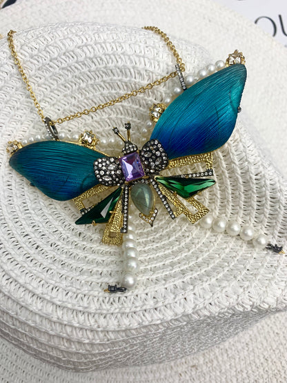 Vintage Niche Design Gold-Plated Copper Blue Butterfly & Pearl Tassel Necklace