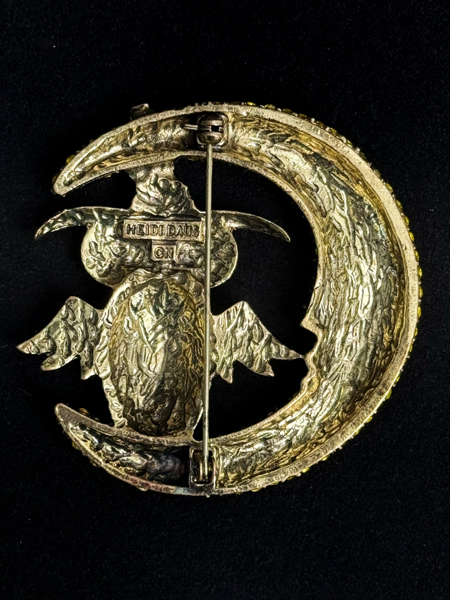 Vintage Heavy Duty Gold Plated Copper Moon & Owl Brooch - Adorned with Golden Yellow Zirconia, Mystical Statement Jewelry
