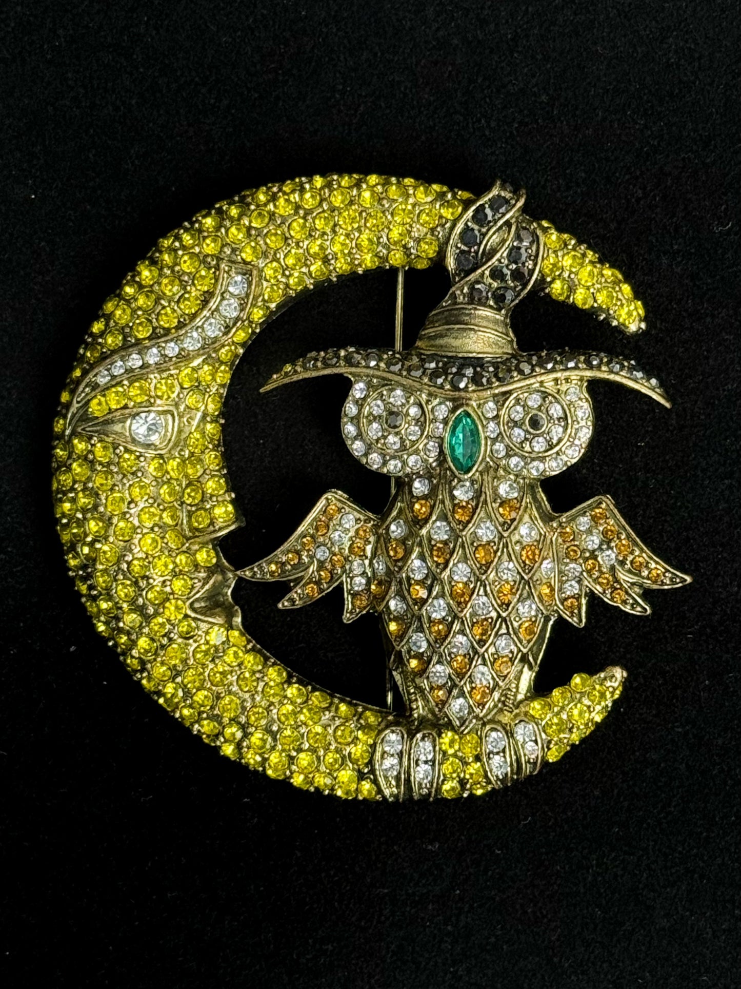 Vintage Heavy Duty Gold Plated Copper Moon & Owl Brooch - Adorned with Golden Yellow Zirconia, Mystical Statement Jewelry