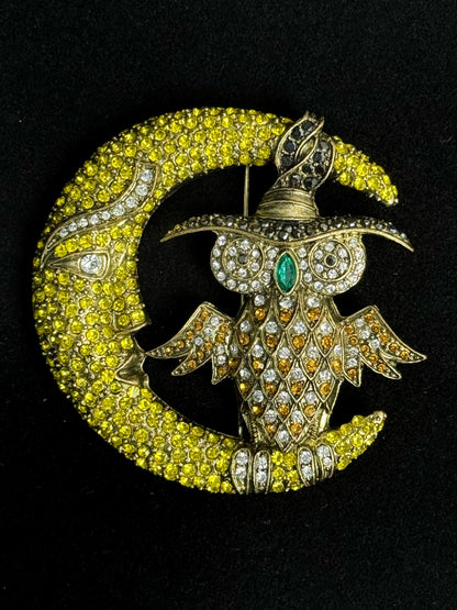 Vintage Heavy Duty Gold Plated Copper Moon & Owl Brooch - Adorned with Golden Yellow Zirconia, Mystical Statement Jewelry