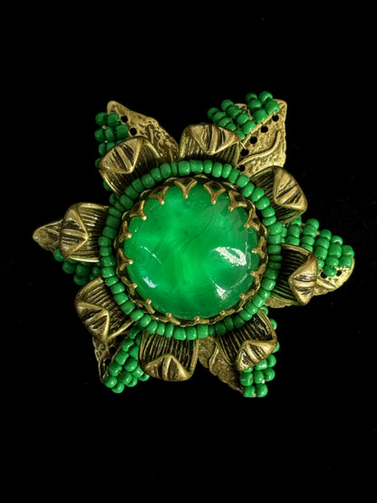 Vintage Heavy Duty Gold Plated Copper Floral Brooch - Prong Set Emerald Green Glass Cabochon, 3D Statement Flower Pin