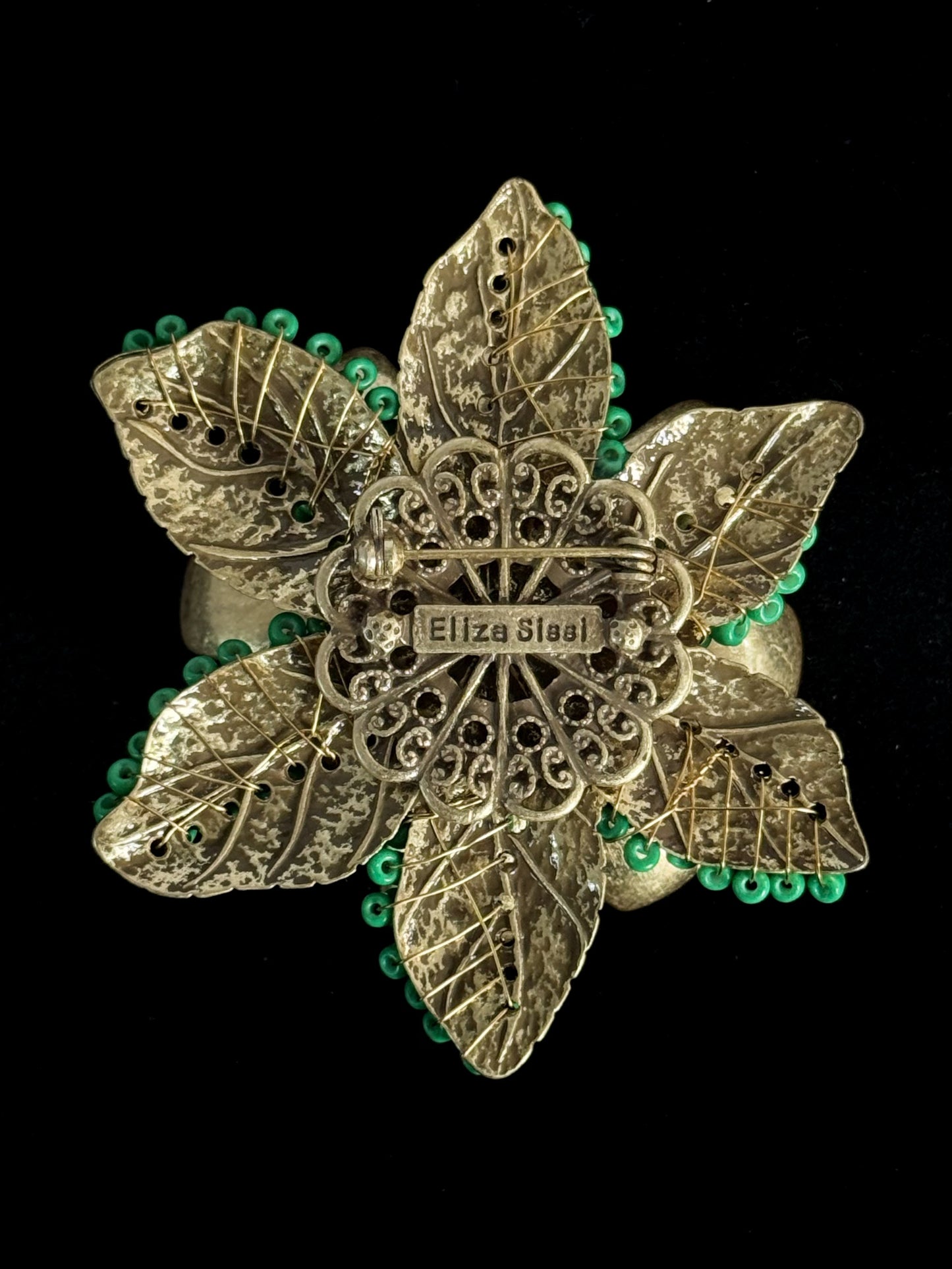 Vintage Heavy Duty Gold Plated Copper Floral Brooch - Prong Set Emerald Green Glass Cabochon, 3D Statement Flower Pin