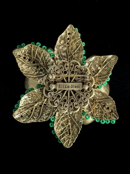 Vintage Heavy Duty Gold Plated Copper Floral Brooch - Prong Set Emerald Green Glass Cabochon, 3D Statement Flower Pin